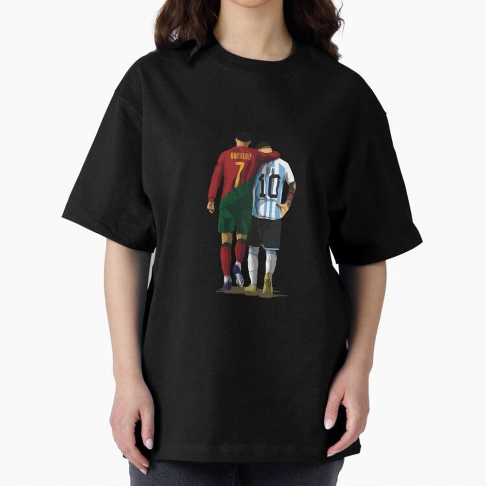 Messi Ronaldo Chit Chat Illustration Classic Oversized T-Shirt Celebrate Rivalries and Pride in FIFA World Cup 2026 USA Canada Mexico for Fans of Messi and Cristiano Ronaldo and Argentina, Bringing Football History, Final Match Energy, Crowd Noise