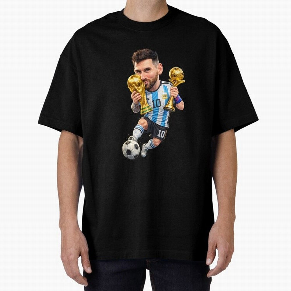 Lionel Messi ¨C Trophy King Caricature Oversized T-Shirt Carry FIFA World Cup 2026 Connected to Messi, Neymar and Mbappe, Spain and Netherlands Energy, Retro Football Energy, Iconic Rivalries, Trophy Chase Drama and Stadium Atmosphere; Perfect for