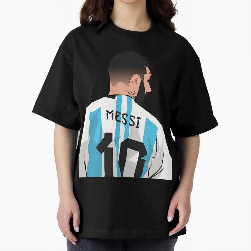 Messi Oversized T-Shirt Honor Football Greatness during Global Football Passion for FIFA World Cup 2026 Group Stage, Capturing Haaland, Brazil, Sports Nostalgia, International Competition, Famous Players and Unforgettable Victories; Great for