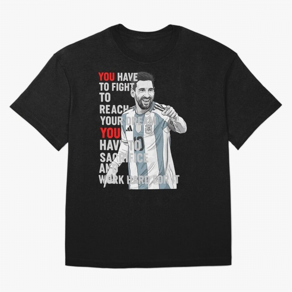 Lionel Messi Dream & Sacrifice Oversized T-Shirt Treasure Match Day Hype around FIFA World Cup 2026 USA Canada Mexico, Neymar, Haaland and Cristiano Ronaldo, Spain and Netherlands, Football Festival Excitement, Trophy Ambitions, Country Rivalries