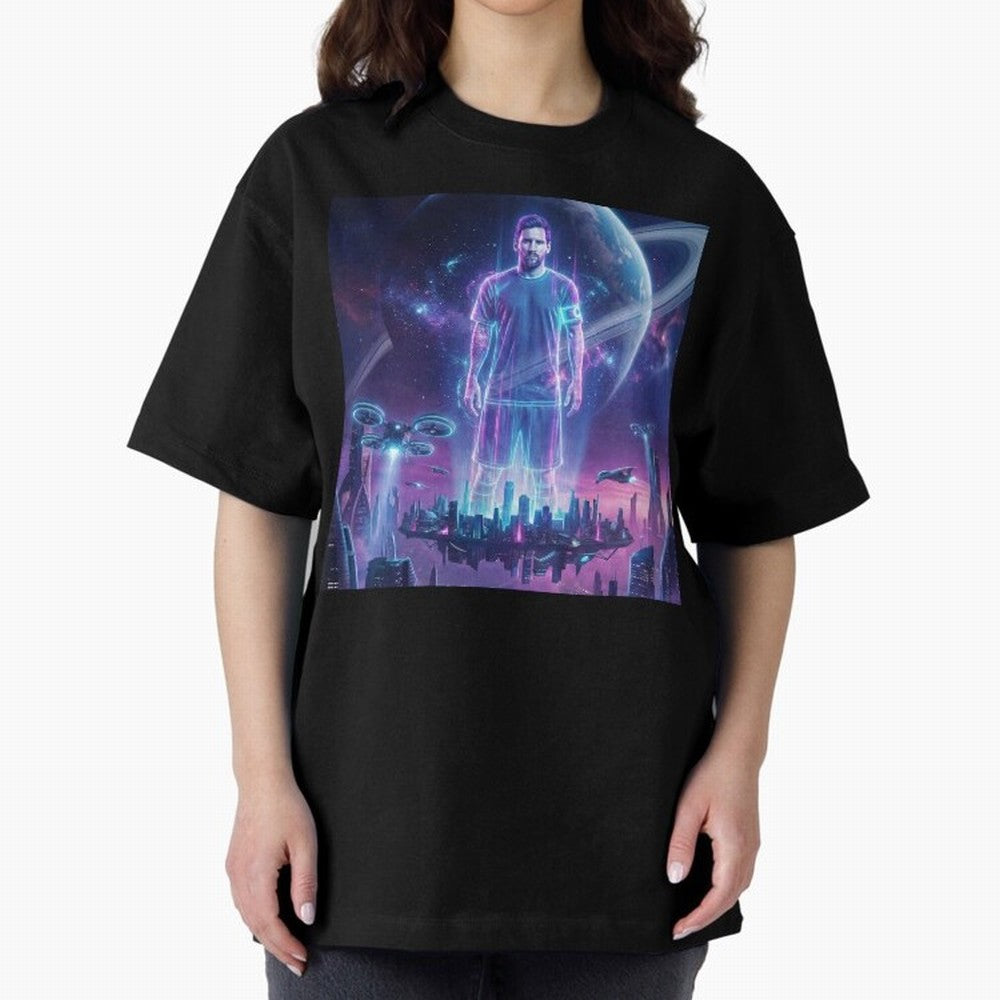 Lionel Messi (GOAT) Hologram in Futuristic Cyberpunk City (Version 3) Classic T-Shirt Treasure Match Day Hype around FIFA World Cup 2026, Cristiano Ronaldo, Argentina, France and Brazil, Global Supporter Spirit, Legendary Goals, National Colors and