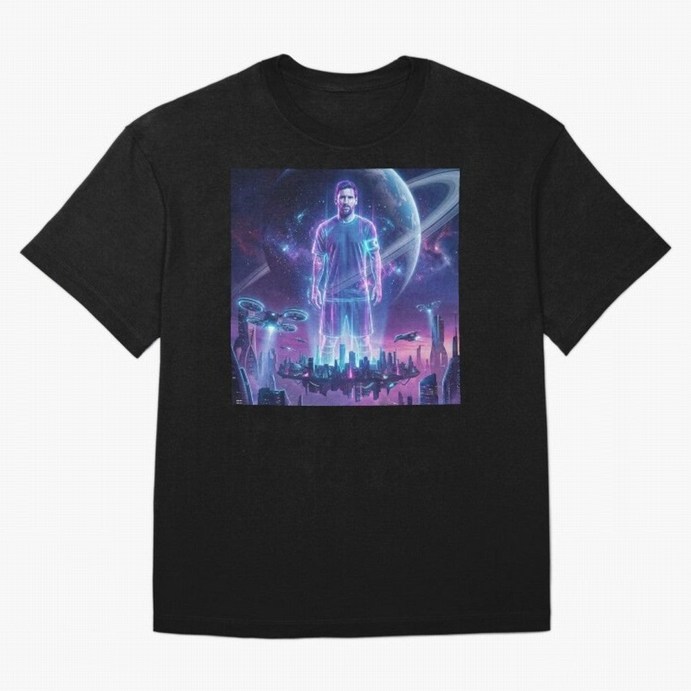 Lionel Messi (GOAT) Hologram in Futuristic Cyberpunk City (Version 3) Classic T-Shirt Treasure Match Day Hype around FIFA World Cup 2026, Cristiano Ronaldo, Argentina, France and Brazil, Global Supporter Spirit, Legendary Goals, National Colors and