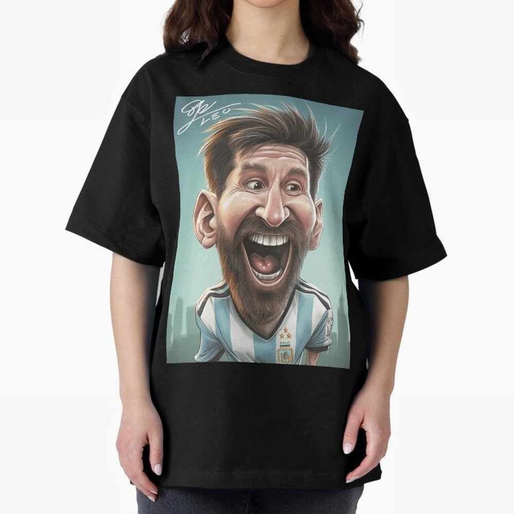 Lionel Messi Caricature Art with Autograph Oversized T-Shirt Remember FIFA World Cup 2026 Group Stage for Fans of CR7 and Messi and Brazil, Bringing Stadium Memories, Football Loyalty, International Chants and Championship Tradition; Perfect for