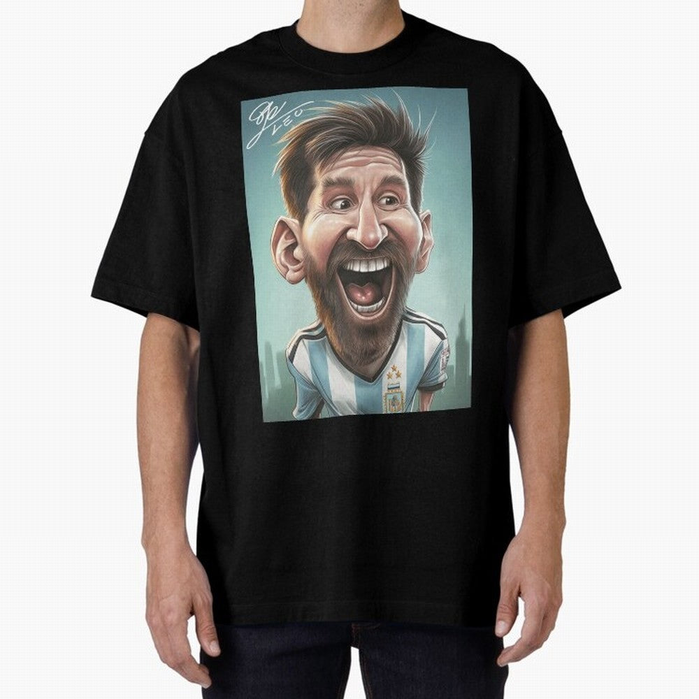 Lionel Messi Caricature Art with Autograph Oversized T-Shirt Remember FIFA World Cup 2026 Group Stage for Fans of CR7 and Messi and Brazil, Bringing Stadium Memories, Football Loyalty, International Chants and Championship Tradition; Perfect for