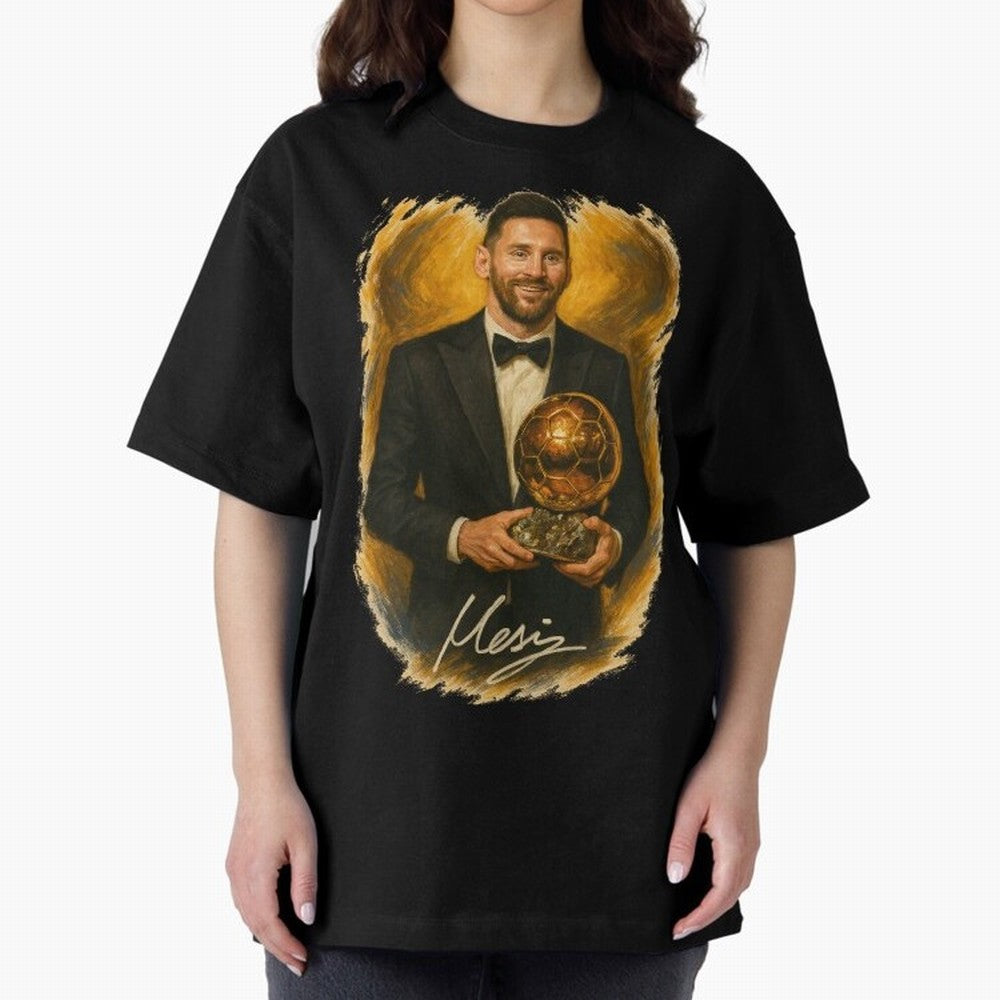 Lionel Messi Ballon d'Or Portrait ¨C Football Legend in Tuxedo Holding Trophy Classic T-Shirt Celebrate Global Passion for FIFA World Cup 2026 for Fans of Messi, Neymar and Mbappe and Portugal, Bringing Goal Celebration Energy, Supporter Heritage,