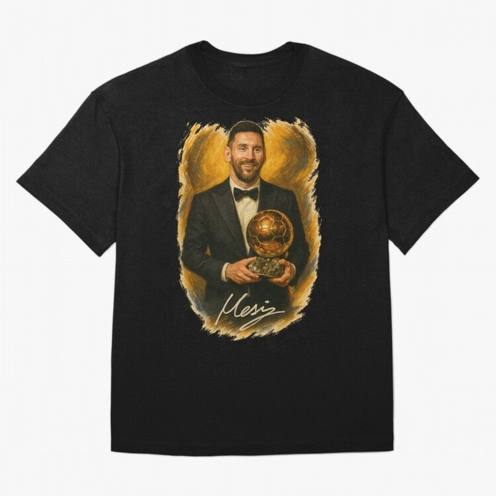 Lionel Messi Ballon d'Or Portrait ¨C Football Legend in Tuxedo Holding Trophy Classic T-Shirt Celebrate Global Passion for FIFA World Cup 2026 for Fans of Messi, Neymar and Mbappe and Portugal, Bringing Goal Celebration Energy, Supporter Heritage,