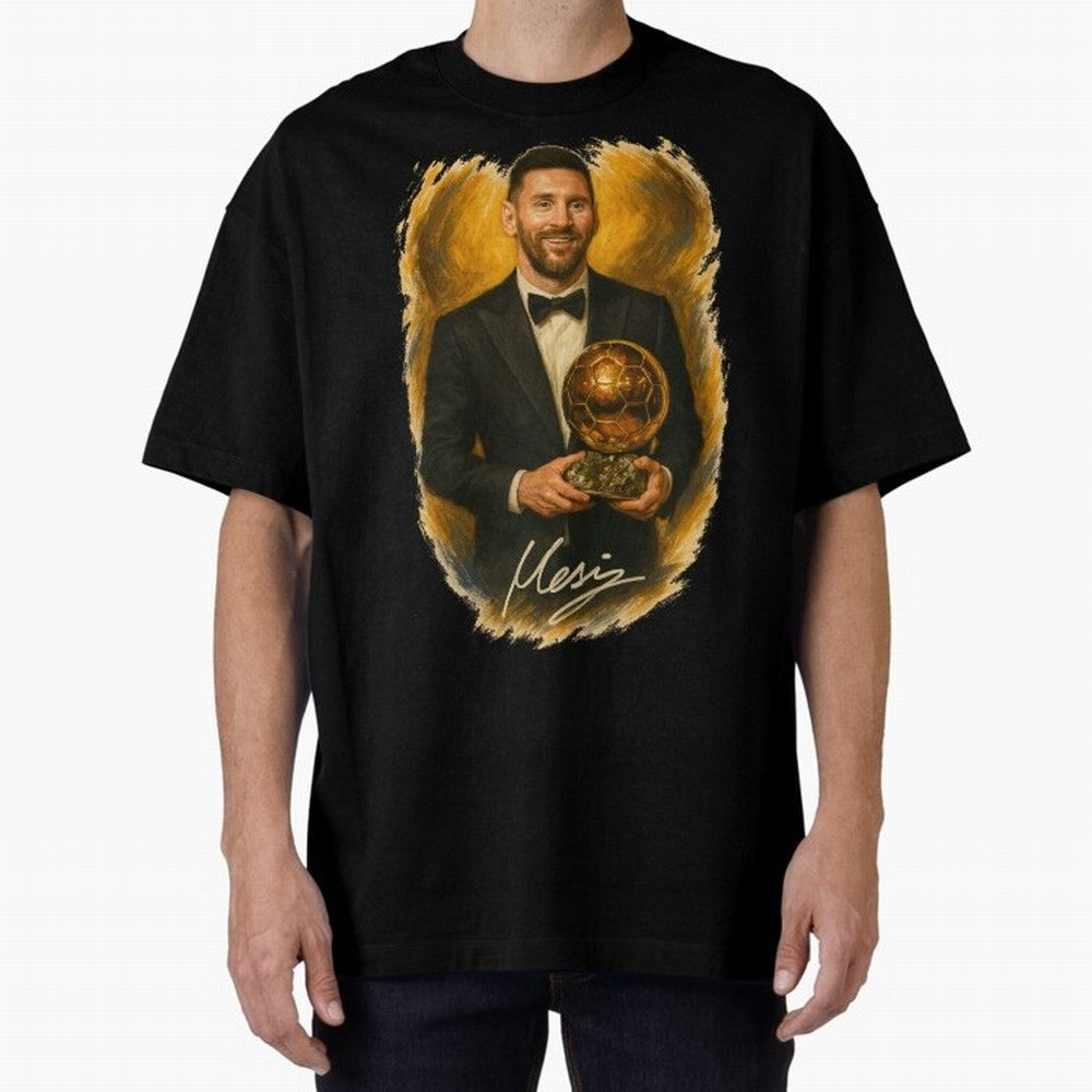 Lionel Messi Ballon d'Or Portrait ¨C Football Legend in Tuxedo Holding Trophy Classic T-Shirt Celebrate Global Passion for FIFA World Cup 2026 for Fans of Messi, Neymar and Mbappe and Portugal, Bringing Goal Celebration Energy, Supporter Heritage,