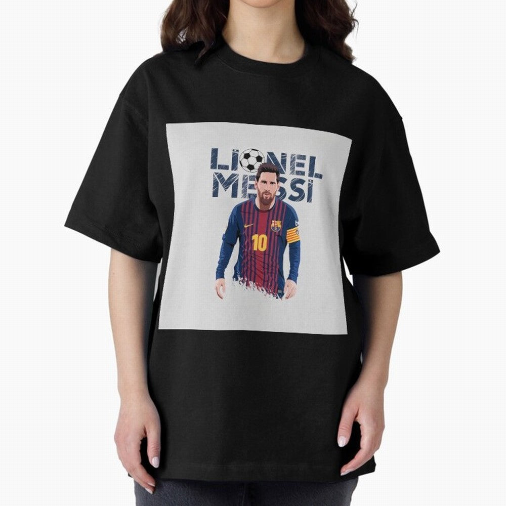 Stylized Lionel Messi Barcelona Illustration ¨C Iconic Football Artwork Oversized T-Shirt Back Your Heroes with FIFA World Cup 2026 Group Stage for Fans of Mbappe and England, France and Netherlands, Bringing Football Passion, Legendary