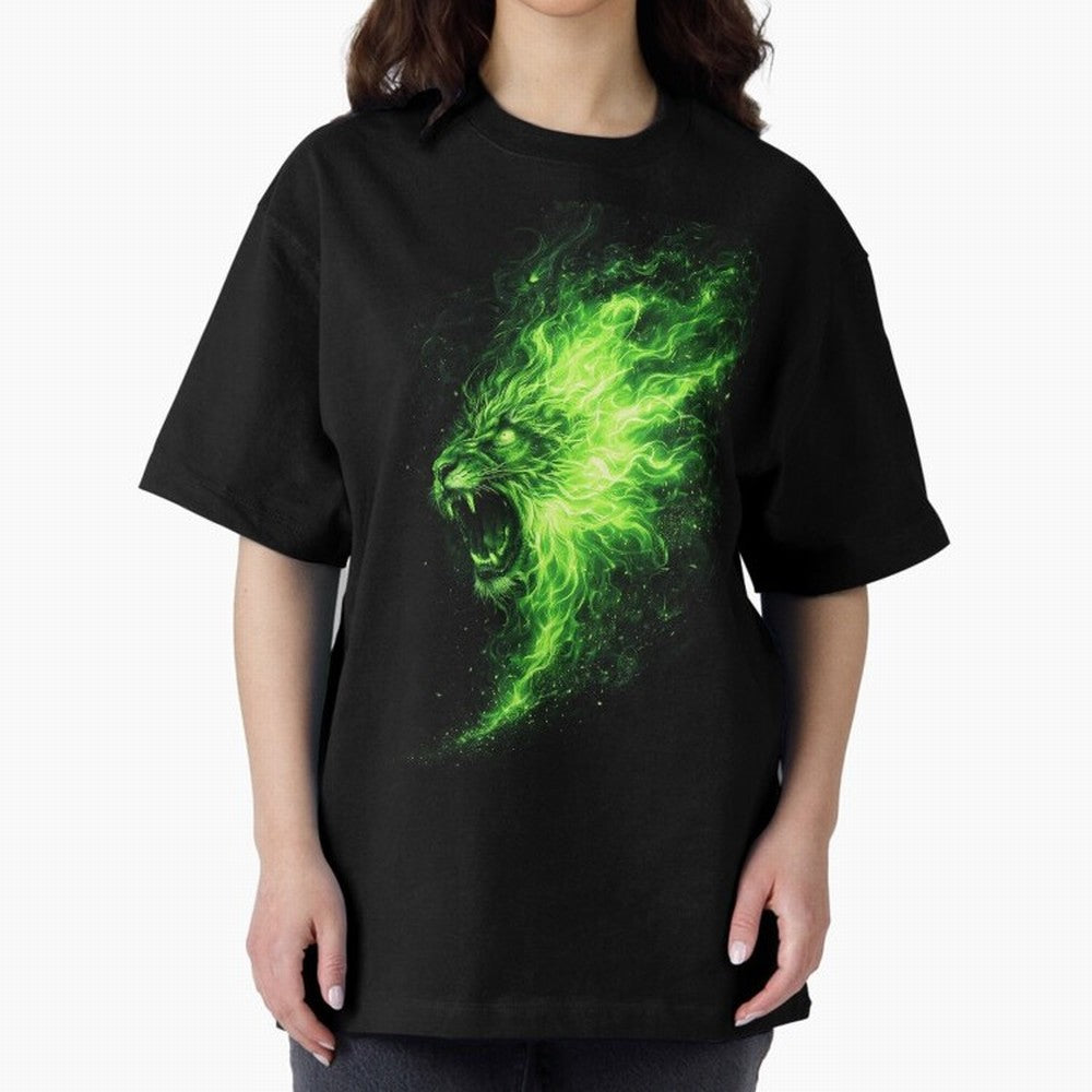 Neon Green Flame Lion ¨C Glowing Fire Roar Beast Graphic | Dark Aesthetic Streetwear Design Graphic T-Shirt Bring the FIFA World Cup 2026 USA Canada Mexico Journey through CR7 and Messi Highlights, Netherlands Pride, Game Day Rituals, Football