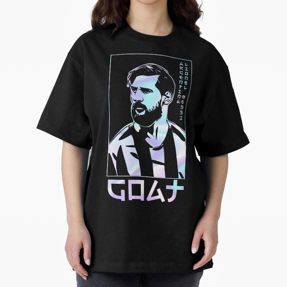 Lionel Messi Holographic Style Portrait art illustration Premium T-Shirt Follow the Road to the FIFA World Cup 2026 USA Canada Mexico Journey through Cristiano Ronaldo, Haaland and CR7 Highlights, Argentina, France and Brazil Pride, Football