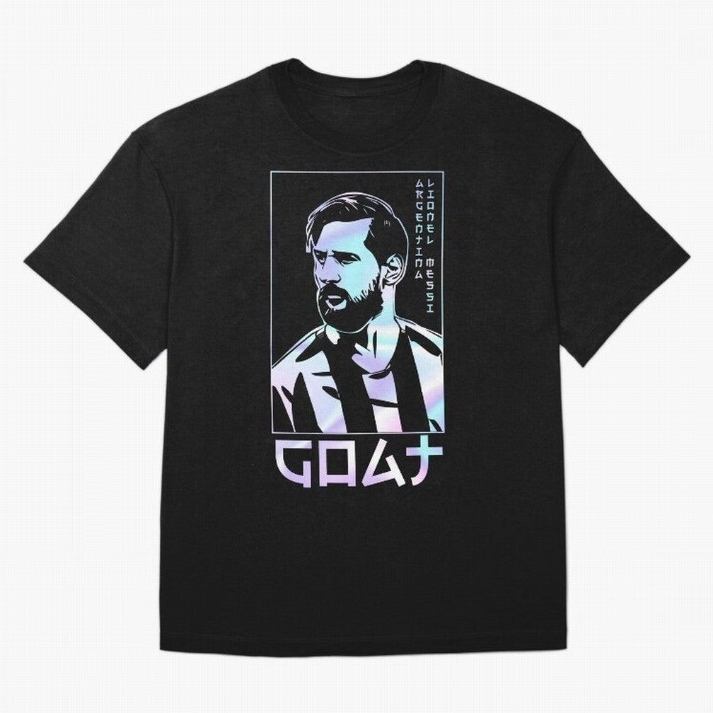 Lionel Messi Holographic Style Portrait art illustration Premium T-Shirt Follow the Road to the FIFA World Cup 2026 USA Canada Mexico Journey through Cristiano Ronaldo, Haaland and CR7 Highlights, Argentina, France and Brazil Pride, Football