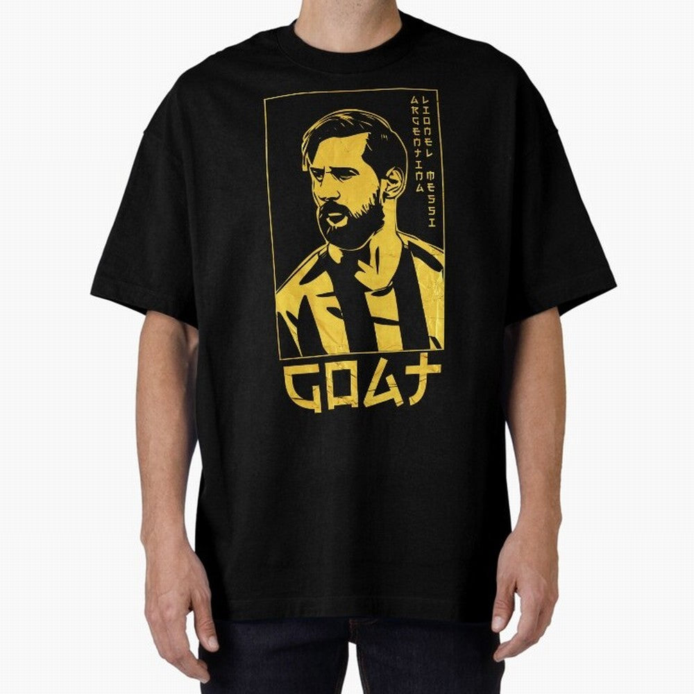 Lionel Messi Golden Style Portrait art illustration Premium T-Shirt Stand with Global Football Passion for FIFA World Cup 2026 Group Stage, Celebrating Cristiano Ronaldo, Portugal, Championship Spirit, Famous Goals, Roaring Crowds and International