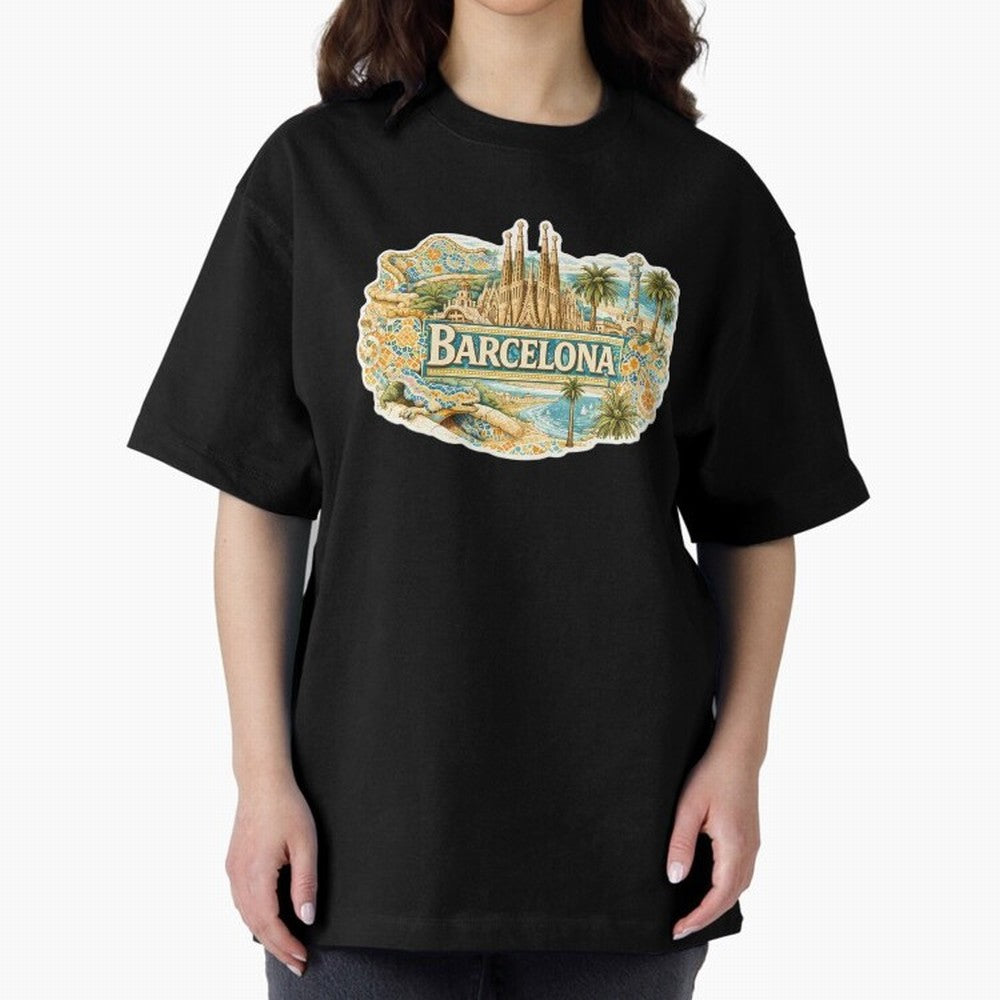 Barcelona Souvenir Sagrada Familia and Mosaic Design Oversized T-Shirt Celebrate Rivalries and Pride in FIFA World Cup 2026 Group Stage Driven by Cristiano Ronaldo, Haaland and CR7, Brazil, Portugal and Argentina Energy, Global Supporter Spirit,