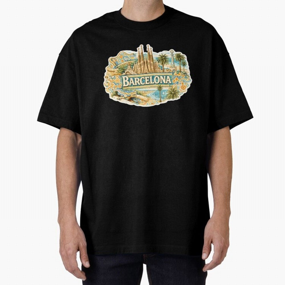 Barcelona Souvenir Sagrada Familia and Mosaic Design Oversized T-Shirt Celebrate Rivalries and Pride in FIFA World Cup 2026 Group Stage Driven by Cristiano Ronaldo, Haaland and CR7, Brazil, Portugal and Argentina Energy, Global Supporter Spirit,