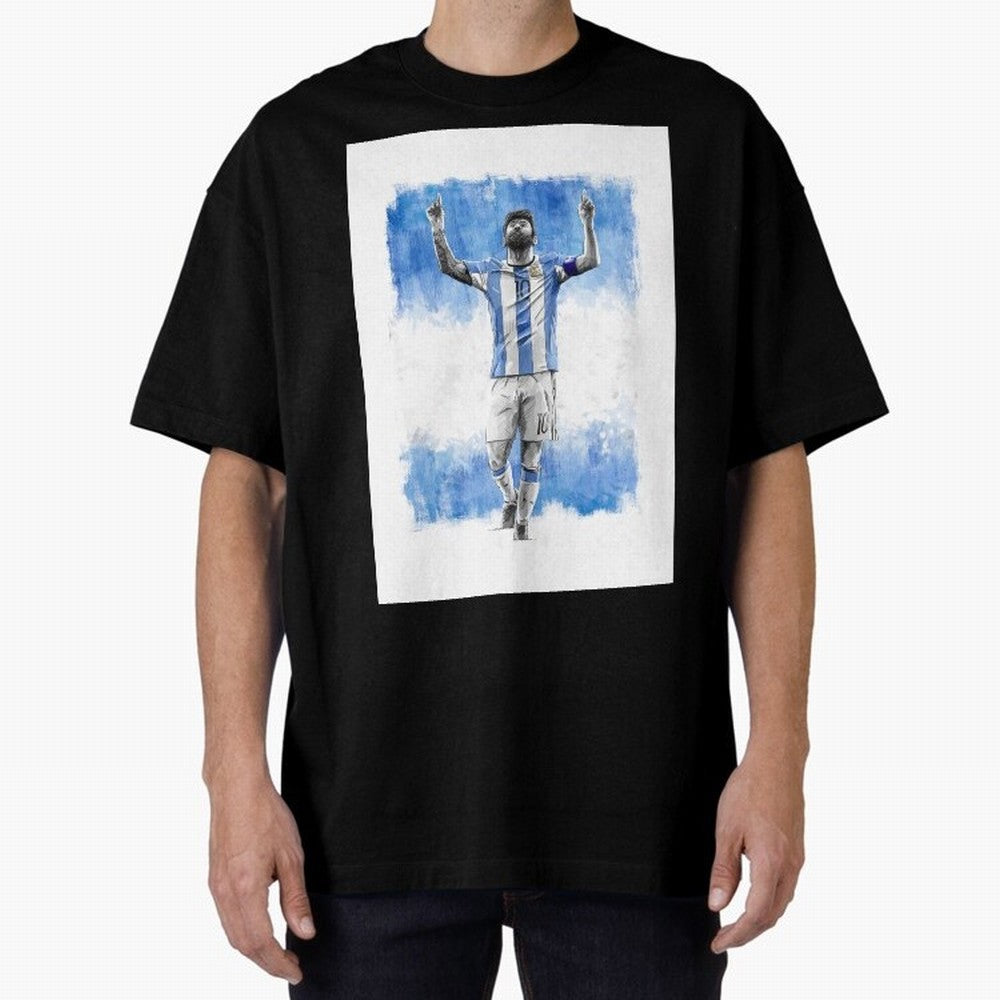 Messi Argentina Football Drawing Oversized T-Shirt Carry the Dream of FIFA World Cup 2026 Group Stage Spirit, Inspired by France and Portugal, Cristiano Ronaldo, Game Day Rituals, Football Legends, Country Pride and the Road to the Final; Ideal for