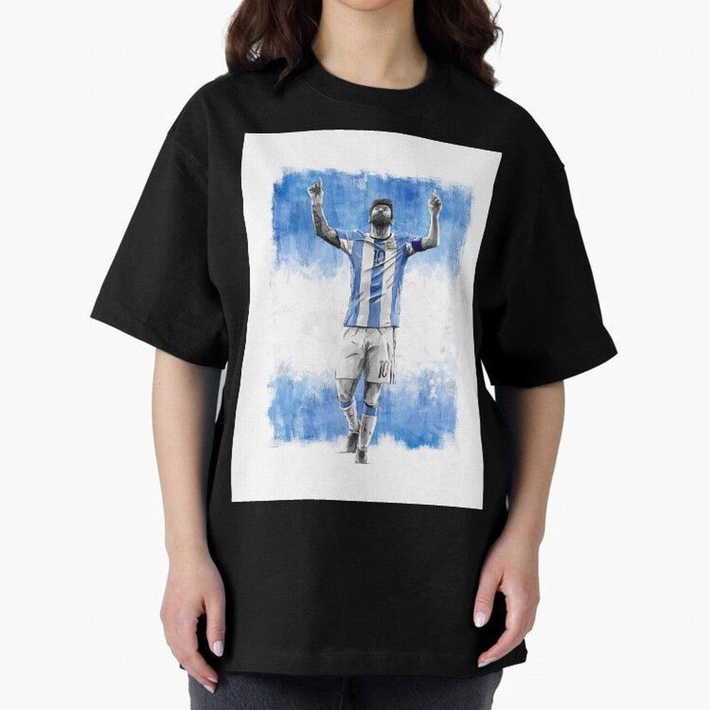 Messi Argentina Football Drawing Oversized T-Shirt Carry the Dream of FIFA World Cup 2026 Group Stage Spirit, Inspired by France and Portugal, Cristiano Ronaldo, Game Day Rituals, Football Legends, Country Pride and the Road to the Final; Ideal for