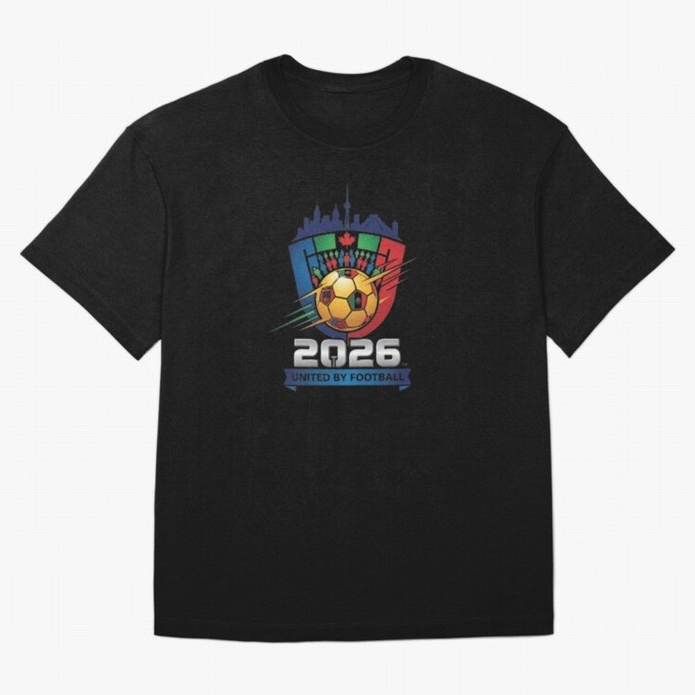 2026 World Cup United by Football Shield Emblem with Skyline Classic T-Shirt Fuel Your Fan Pride for Global Football Passion for FIFA World Cup 2026, Featuring Messi and Cristiano Ronaldo, France, Football History, Final Match Energy, Crowd Noise