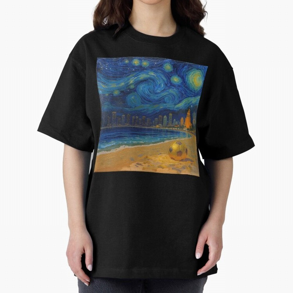 Golden Miami Starry Night Beach Soccer Fine Art Print Impasto Oil Painting Classic T-Shirt Stand with FIFA World Cup 2026 USA Canada Mexico Spirit, Highlighting England, Neymar, Haaland and Cristiano Ronaldo, Retro Football Energy, Iconic