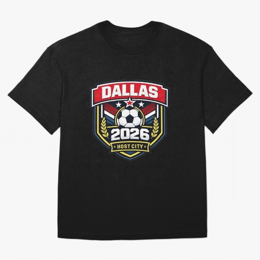 Dallas 2026 Host City Emblem with Laurel Classic T-Shirt Celebrate the Road through Global Football Passion for FIFA World Cup 2026 Group Stage, Highlighting Mbappe, France and Portugal, Goal Celebration Energy, Supporter Heritage, Football Icons