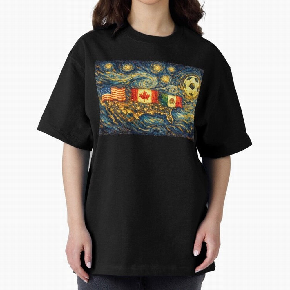 North America Soccer Starry Night Dreamy and Swirls Inspired from Van Gogh Classic T-Shirt Carry FIFA World Cup 2026 Group Stage for Fans of Neymar, Haaland and Cristiano Ronaldo and England and Germany, Bringing Football Passion, Legendary