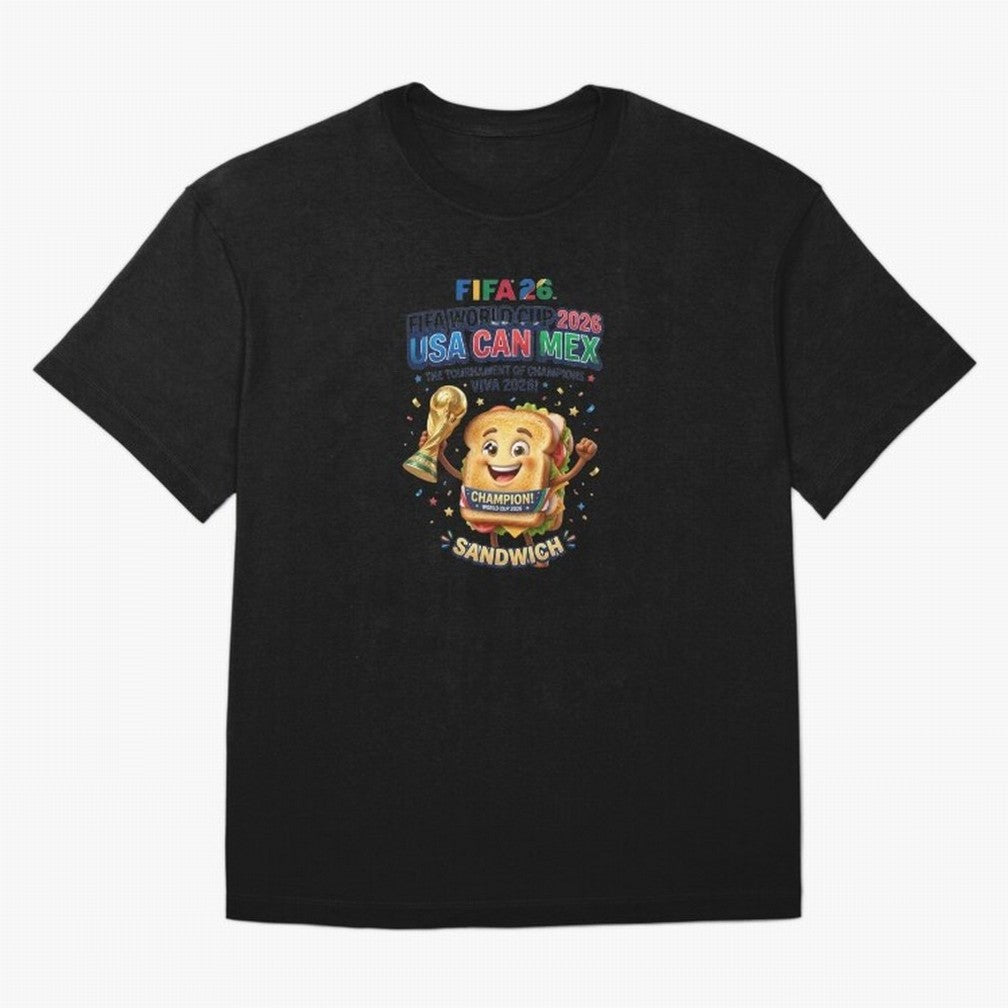 Cartoon Sandwich Champion Holding 2026 World Cup Trophy Classic T-Shirt Feel the Trophy Chase of FIFA World Cup 2026 USA Canada Mexico for Fans of Messi and Cristiano Ronaldo and Spain, Bringing Soccer Culture, Superstar Moments, National Team