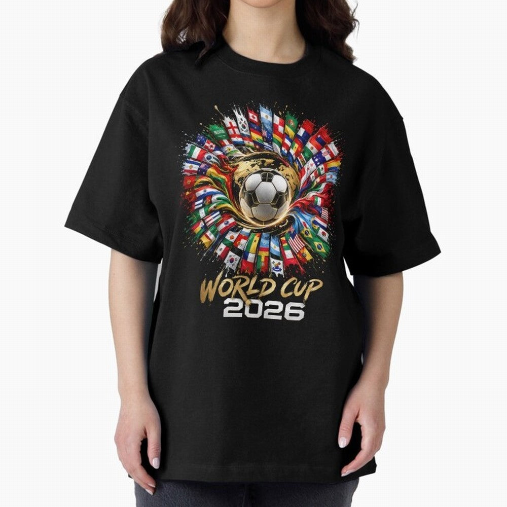 World Cup 2026 Flag Fusion Football T-Shirt Oversized T-Shirt Show Support during the FIFA World Cup 2026 USA Canada Mexico Journey through Messi Highlights, Argentina Pride, Championship Spirit, Famous Goals, Roaring Crowds and International