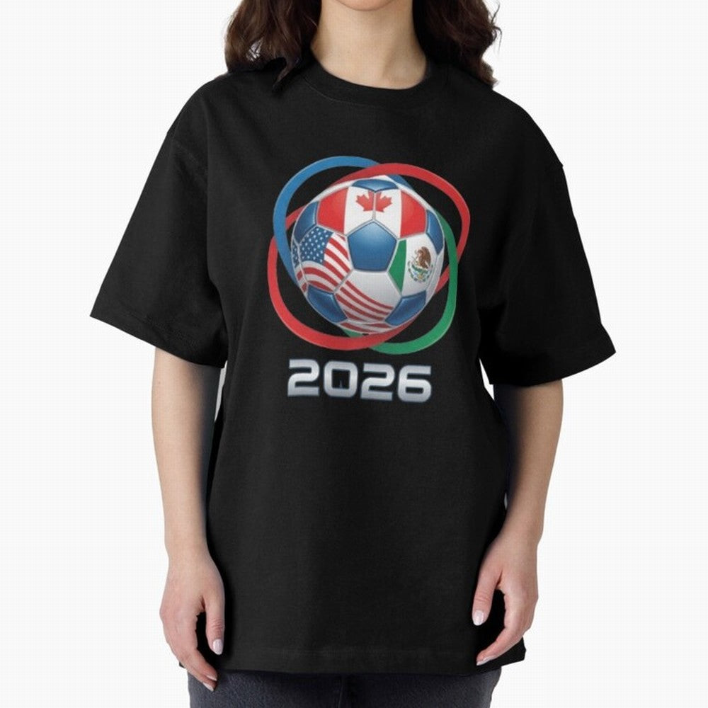 3D Realistic World Cup 2026 Soccer Ball with Rings Oversized T-Shirt Honor the Beautiful Game during FIFA World Cup 2026 for Fans of Messi and England, France and Netherlands, Bringing Sports Nostalgia, International Competition, Famous Players and