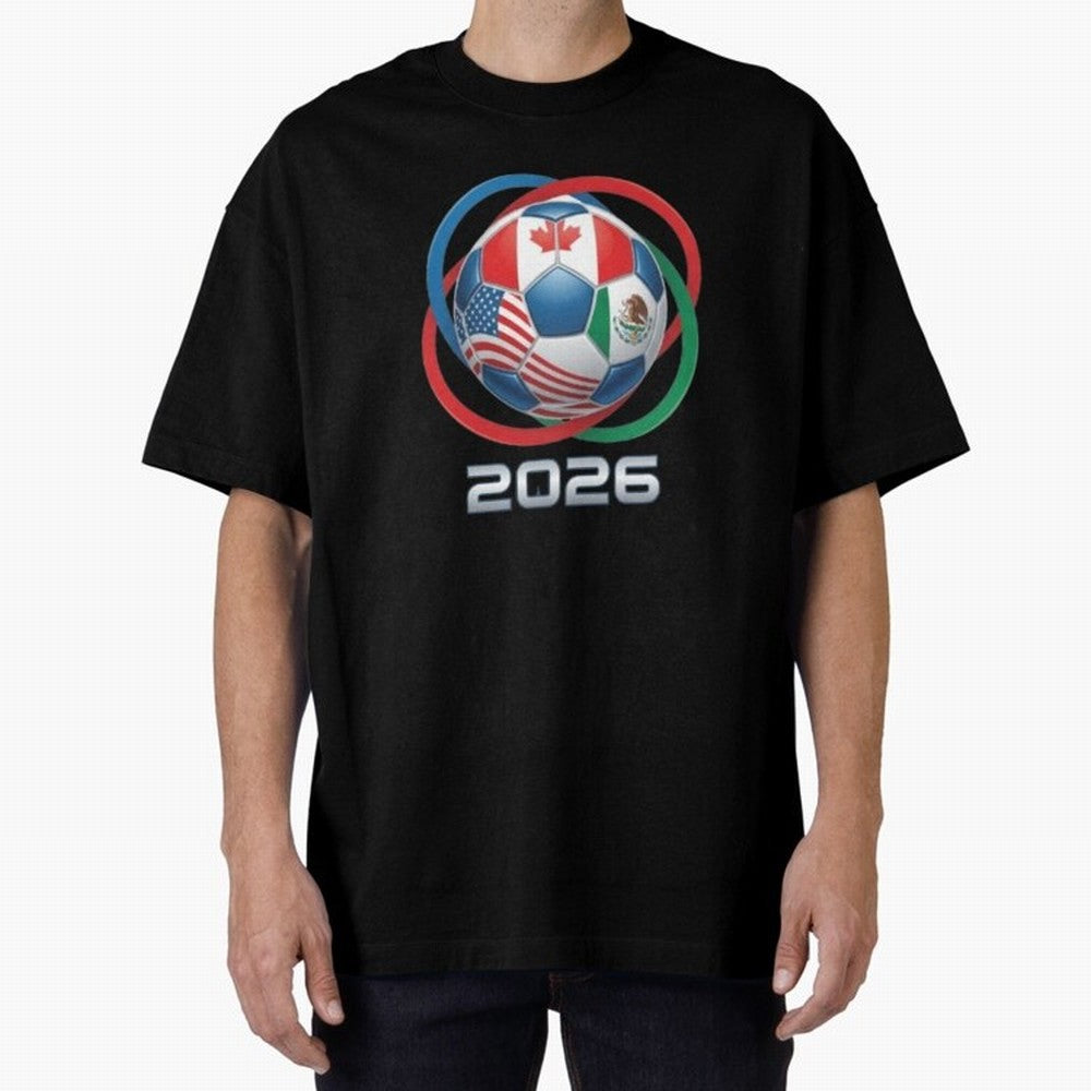 3D Realistic World Cup 2026 Soccer Ball with Rings Oversized T-Shirt Honor the Beautiful Game during FIFA World Cup 2026 for Fans of Messi and England, France and Netherlands, Bringing Sports Nostalgia, International Competition, Famous Players and