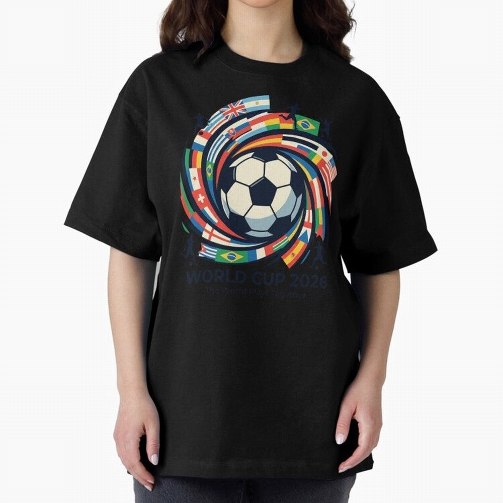 2D World Cup 2026 Football Spiral Flag Design T-Shirt Oversized T-Shirt Make the Season About Match Day Hype around FIFA World Cup 2026 Group Stage, CR7 and Messi, Argentina, France and Brazil, Soccer Culture, Superstar Moments, National Team