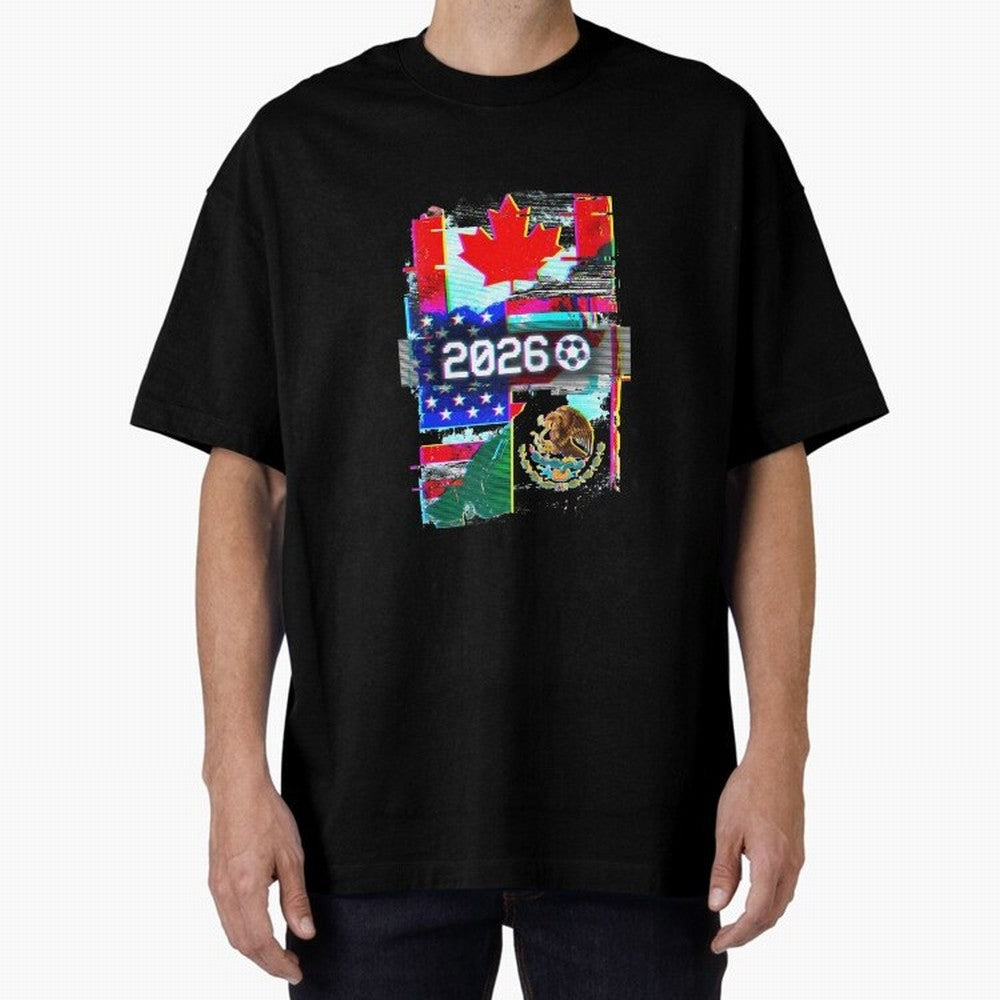Glitched United 2026 - North America Tournament Emblem Oversized T-Shirt Honor Champions and Dreams in the FIFA World Cup 2026 Journey through Mbappe Highlights, France and Portugal Pride, Tournament Hype, Historic Matchups, Family Viewing Parties