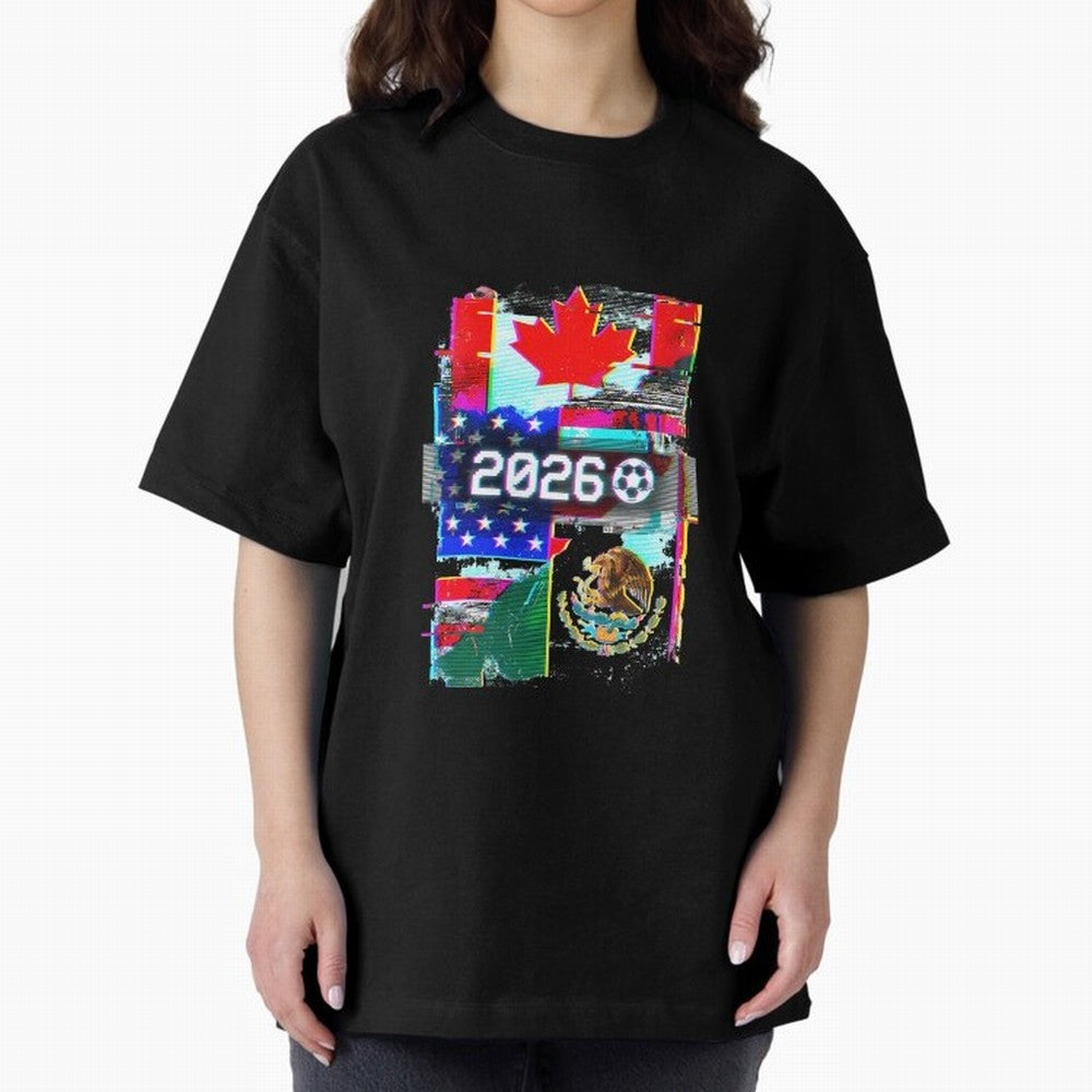 Glitched United 2026 - North America Tournament Emblem Oversized T-Shirt Honor Champions and Dreams in the FIFA World Cup 2026 Journey through Mbappe Highlights, France and Portugal Pride, Tournament Hype, Historic Matchups, Family Viewing Parties