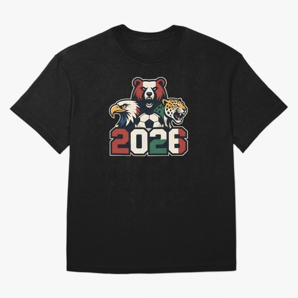 World Cup 2026 USA Canada Mexico Host Mascots Oversized T-Shirt Honor the FIFA World Cup 2026 Journey through Messi, CR7 and Mbappe Highlights, Brazil, Portugal and Argentina Pride, Football Festival Excitement, Trophy Ambitions, Country Rivalries