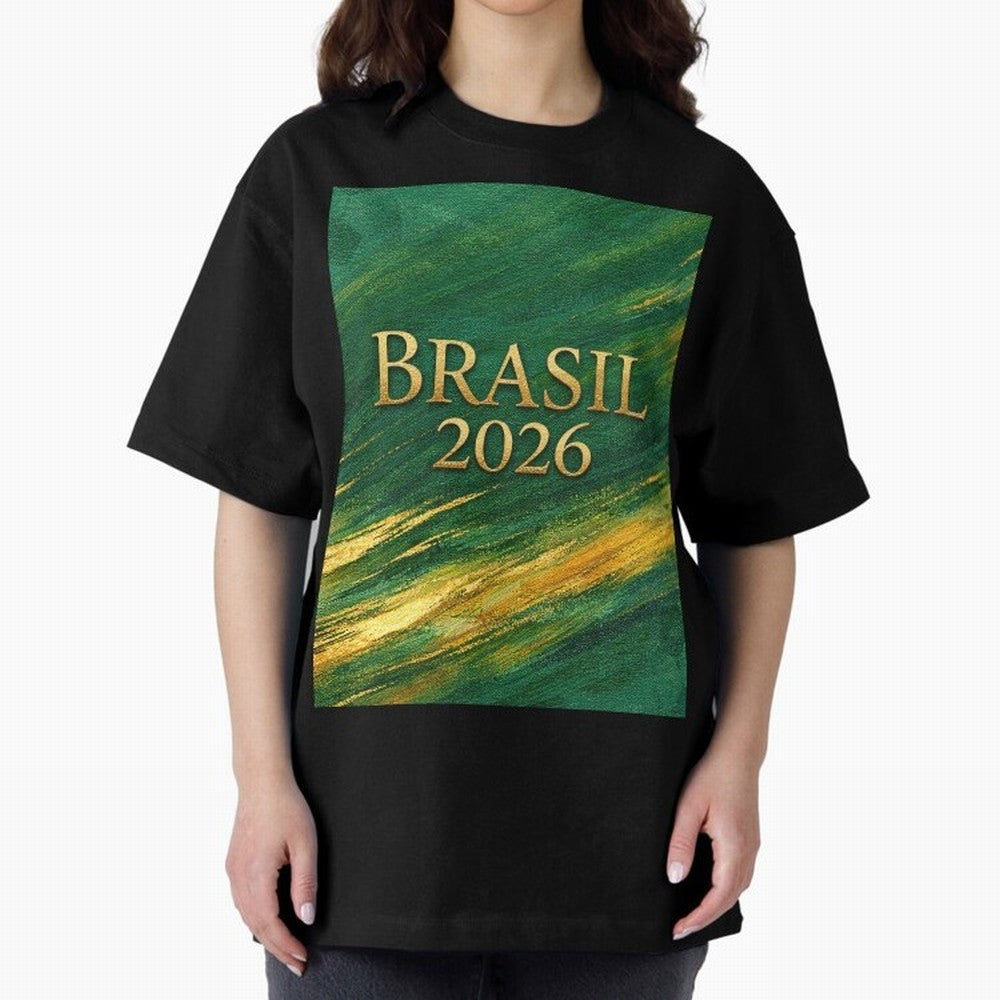 Brasil 2026 Gold Soccer Theme Oversized T-Shirt Treasure FIFA World Cup 2026 Group Stage Capturing Mbappe and Neymar, Argentina and Brazil Energy, Fan Favorite Moments, National Team Passion, Big Match Drama and Soccer History; Ideal for Fans Who
