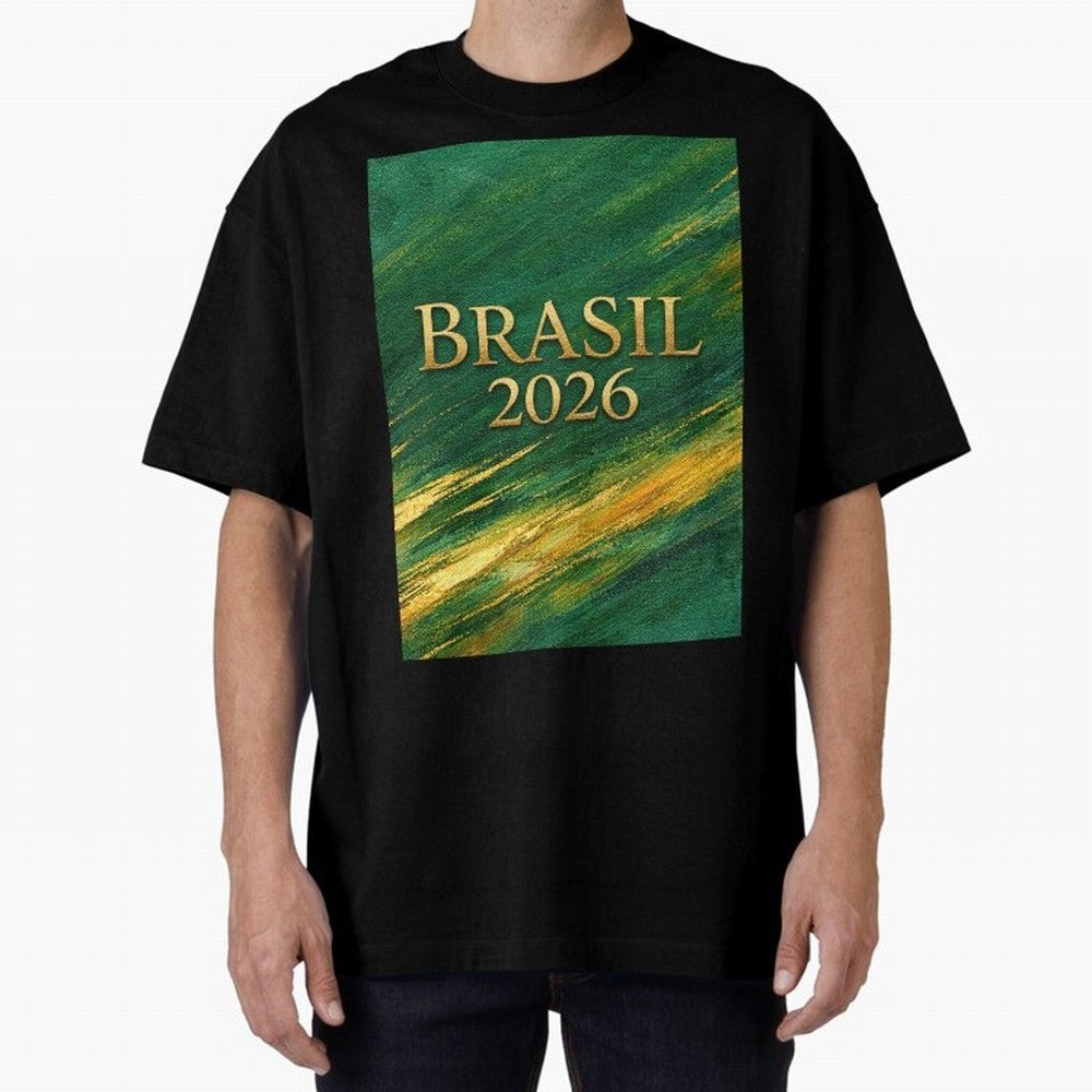 Brasil 2026 Gold Soccer Theme Oversized T-Shirt Treasure FIFA World Cup 2026 Group Stage Capturing Mbappe and Neymar, Argentina and Brazil Energy, Fan Favorite Moments, National Team Passion, Big Match Drama and Soccer History; Ideal for Fans Who