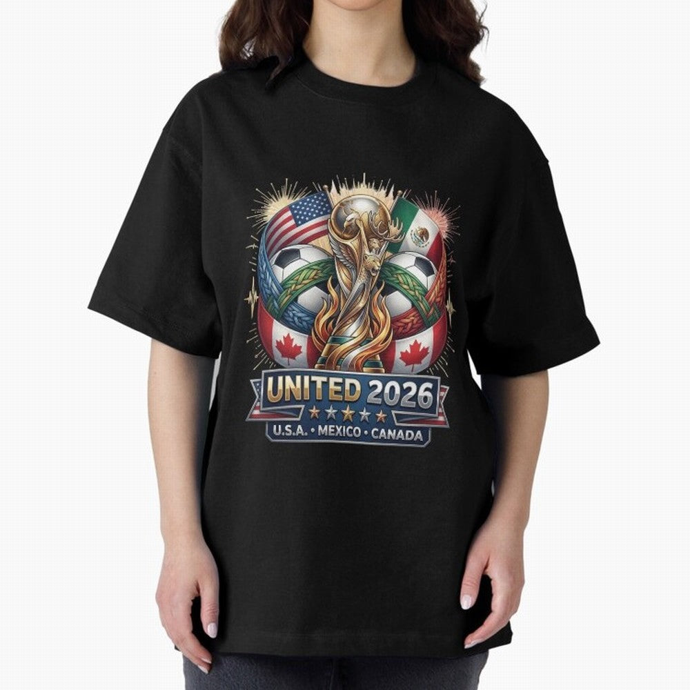 United 2026 Soccer Nations Trophy - USA Mexico Canada Mascot Art Oversized T-Shirt Fuel the Hype around FIFA World Cup 2026 Spirit, Centered on Spain and Netherlands, CR7 and Messi, Stadium Memories, Football Loyalty, International Chants and