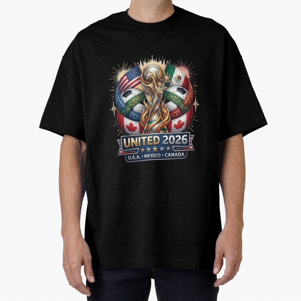 United 2026 Soccer Nations Trophy - USA Mexico Canada Mascot Art Oversized T-Shirt Fuel the Hype around FIFA World Cup 2026 Spirit, Centered on Spain and Netherlands, CR7 and Messi, Stadium Memories, Football Loyalty, International Chants and