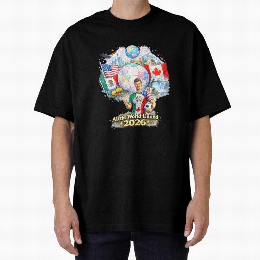 All The World United 2026 Football Design Oversized T-Shirt Back the Journey through FIFA World Cup 2026 Celebrating Cristiano Ronaldo, Argentina and Brazil Energy, Goal Celebration Energy, Supporter Heritage, Football Icons and Worldwide
