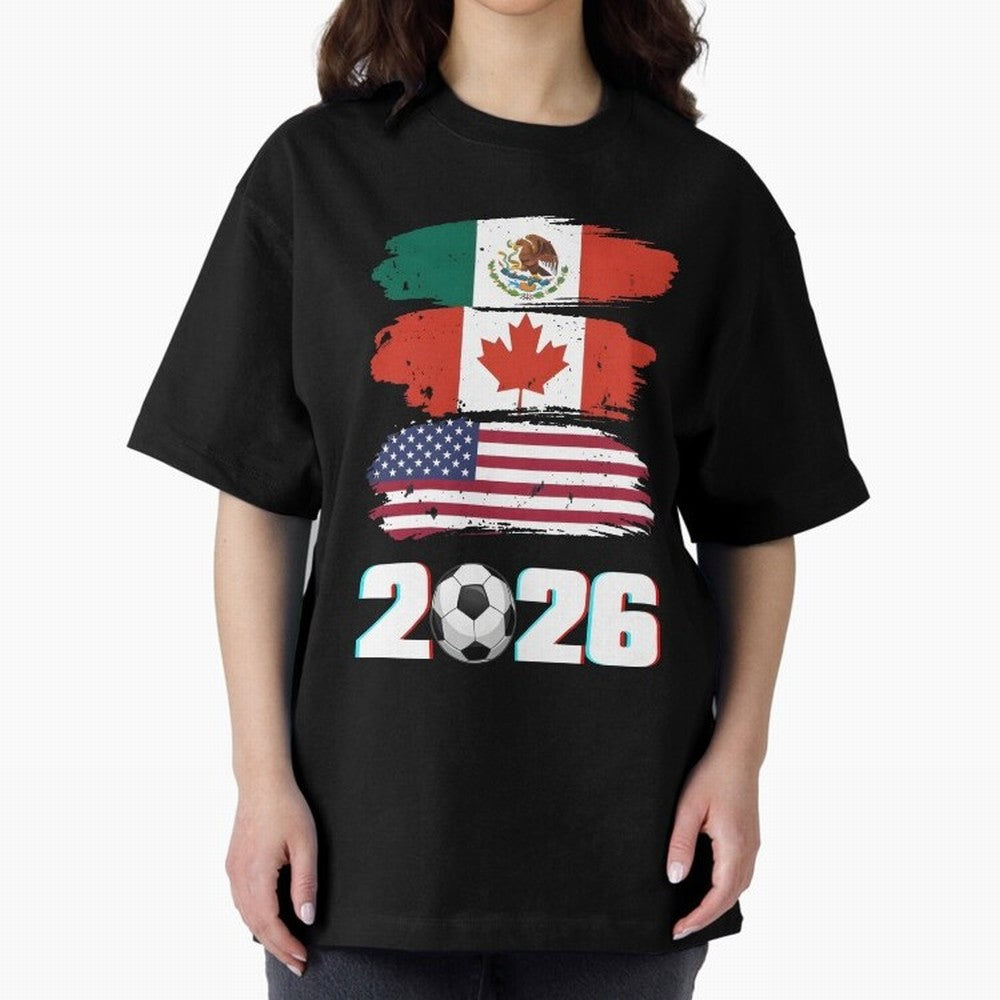 USA Canada Mexico Flag 2026 Cup Brush Art Oversized T-Shirt Feel the Roar of FIFA World Cup 2026 USA Canada Mexico Centered on Mbappe, England, France and Netherlands Energy, Champion Mindset, Group Stage Buzz, Knockout Tension and Passionate Fan