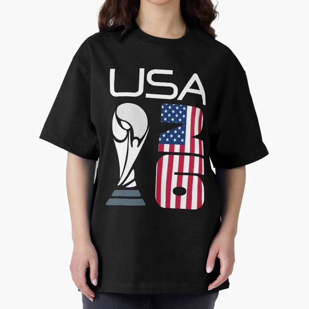 USA 2026 Soccer World Cup Trophy American Flag Design Oversized T-Shirt Upgrade Global Football Passion for FIFA World Cup 2026 USA Canada Mexico, Highlighting Cristiano Ronaldo, Haaland and CR7, Argentina, France and Brazil, Football Festival