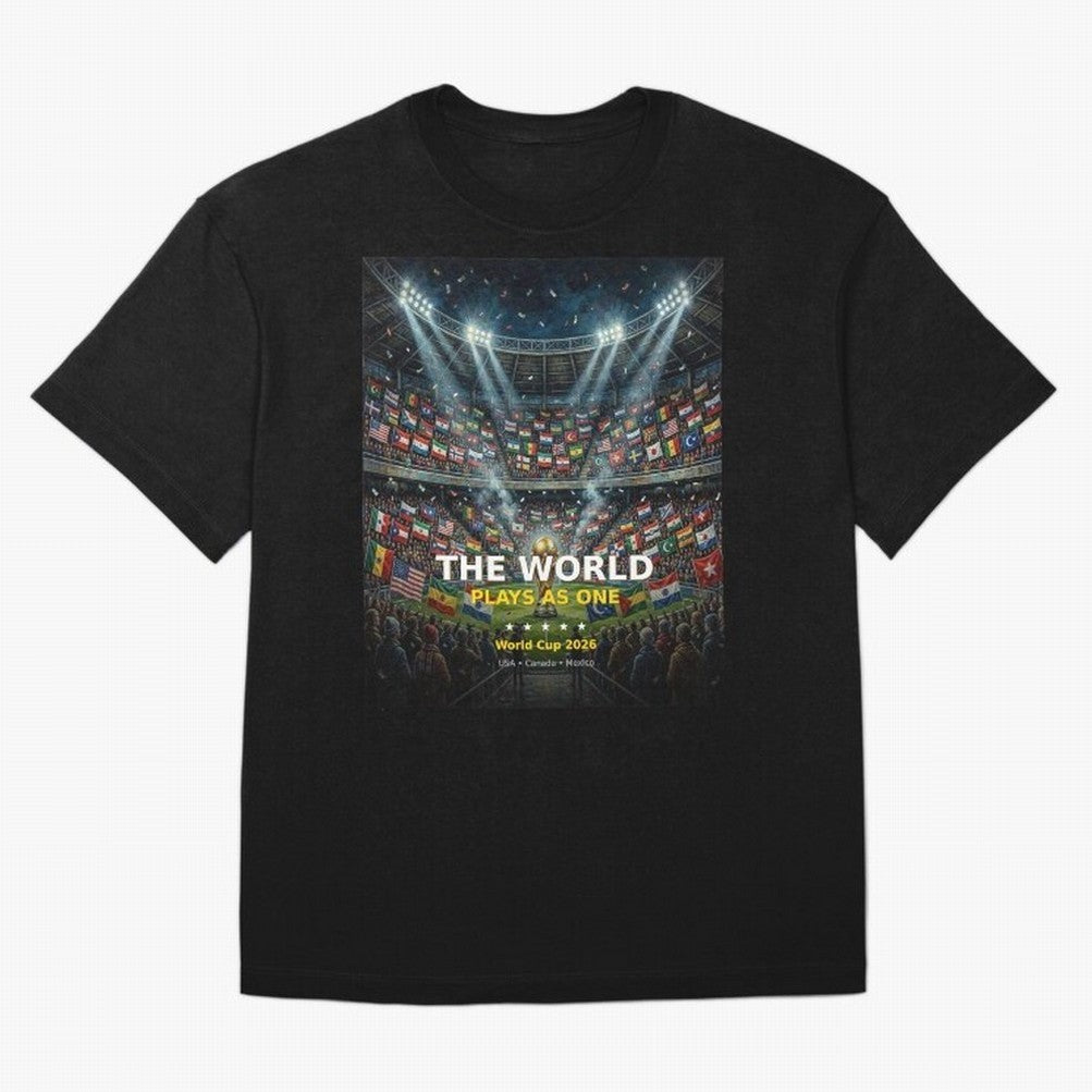 The World Plays As One - World Cup 2026 Soccer Fan Tee Oversized T-Shirt Relive Legendary Nights from Match Day Hype around FIFA World Cup 2026 Group Stage, CR7 and Messi, Spain and Netherlands, Tournament Hype, Historic Matchups, Family Viewing