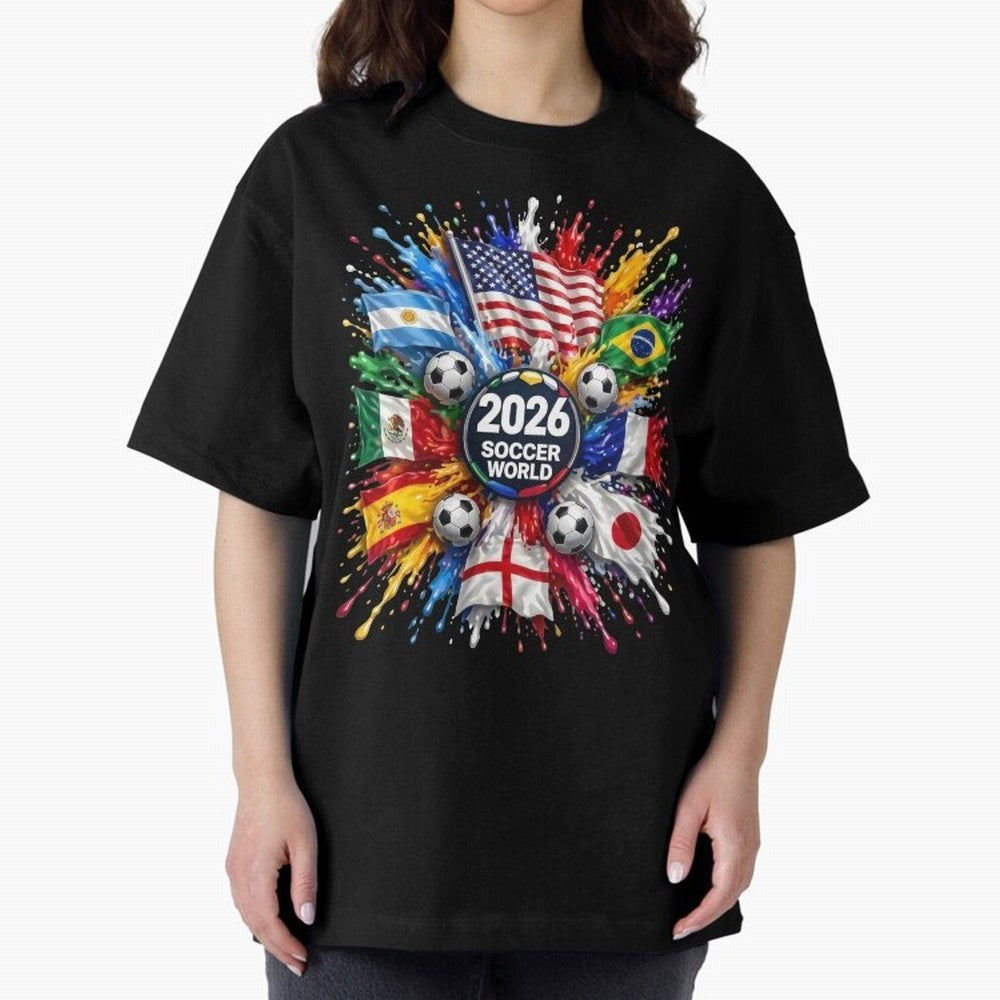2026 Soccer World Flags USA Mexico Canada Football Paint Splash Graphic Oversized T-Shirt Make Game Day About FIFA World Cup 2026 USA Canada Mexico Spirit, Inspired by Netherlands, Neymar, Worldwide Fan Energy, Dramatic Goals, Stadium Lights and