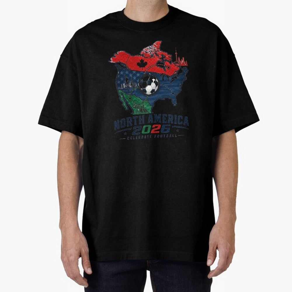 United by Football 2026 North America Soccer Design Oversized T-Shirt Create FIFA World Cup 2026 Centered on Messi, CR7 and Mbappe, Portugal Energy, Football Festival Excitement, Trophy Ambitions, Country Rivalries and Star Player Buzz; Created for
