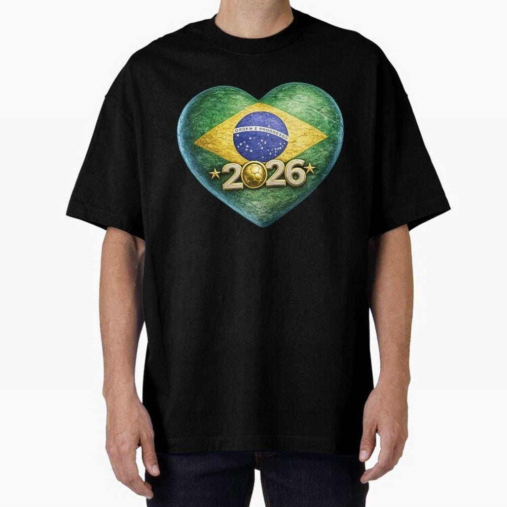 Brazil 2026 World Football Heart Flag Designs Oversized T-Shirt Make Every Kick Count in FIFA World Cup 2026 USA Canada Mexico for Fans of CR7 and Netherlands, Bringing Retro Football Energy, Iconic Rivalries, Trophy Chase Drama and Stadium