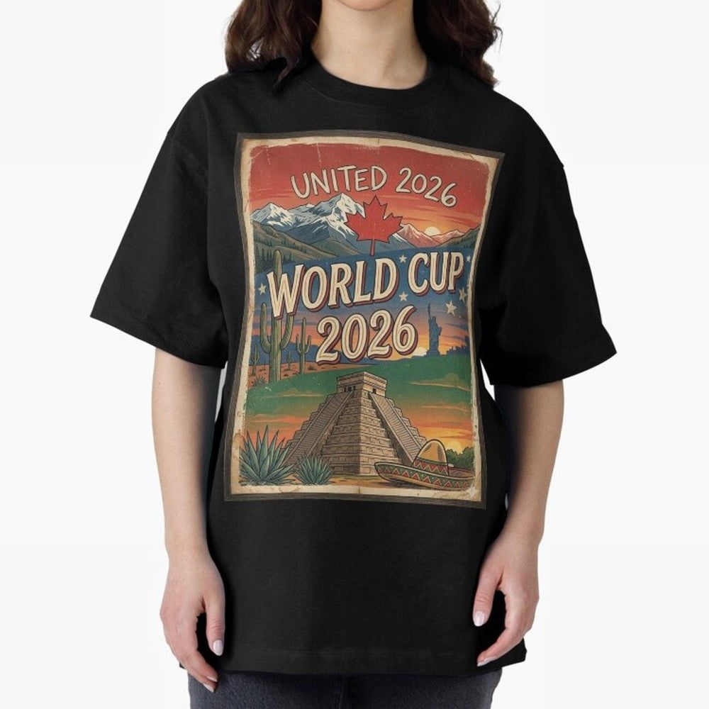 United 2026 World Cup ¨C Vintage North America Soccer Poster Oversized T-Shirt Show Championship Spirit for Match Day Hype around FIFA World Cup 2026 USA Canada Mexico, Messi, Neymar and Mbappe, England, Stadium Chants, National Pride, Trophy