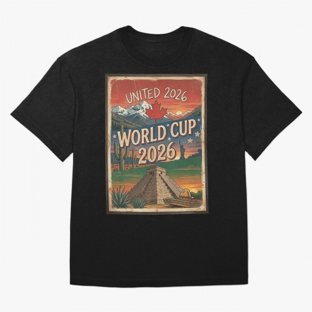 United 2026 World Cup ¨C Vintage North America Soccer Poster Oversized T-Shirt Show Championship Spirit for Match Day Hype around FIFA World Cup 2026 USA Canada Mexico, Messi, Neymar and Mbappe, England, Stadium Chants, National Pride, Trophy