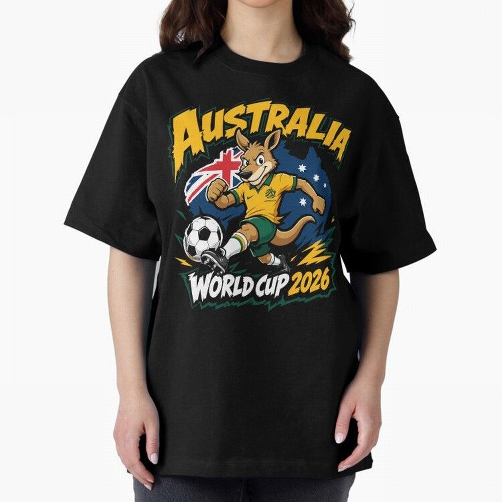 Australia World Cup 2026 Kangaroo Soccer Fan Art Oversized T-Shirt Celebrate Unforgettable Nights in Match Day Hype around FIFA World Cup 2026 Group Stage, Cristiano Ronaldo, Haaland and CR7, England, France and Netherlands, Classic Soccer