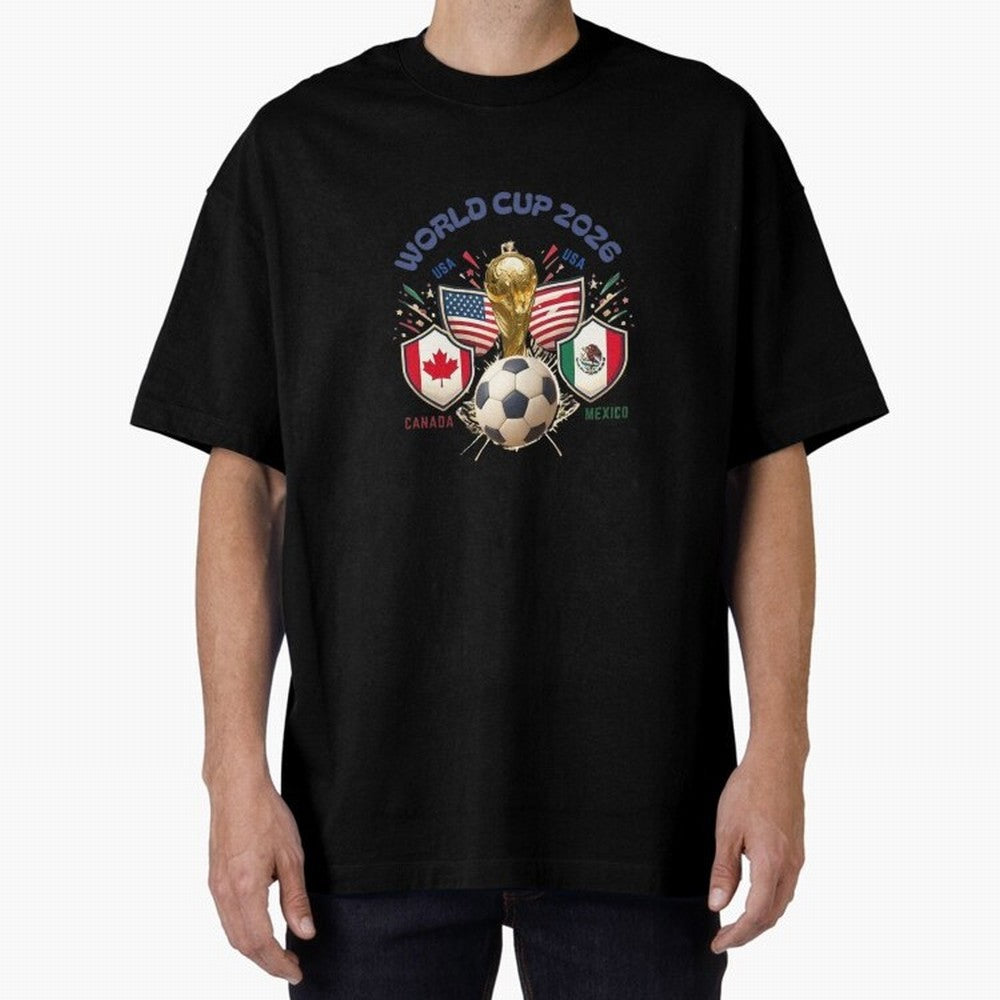 World Cup 2026 Host Nations Crest Oversized T-Shirt Remember Iconic Moments from FIFA World Cup 2026 Spirit, Connected to Spain, Cristiano Ronaldo, Vintage Soccer Flavor, Modern Football Stars, National Flags and Final Night Emotion; Created for