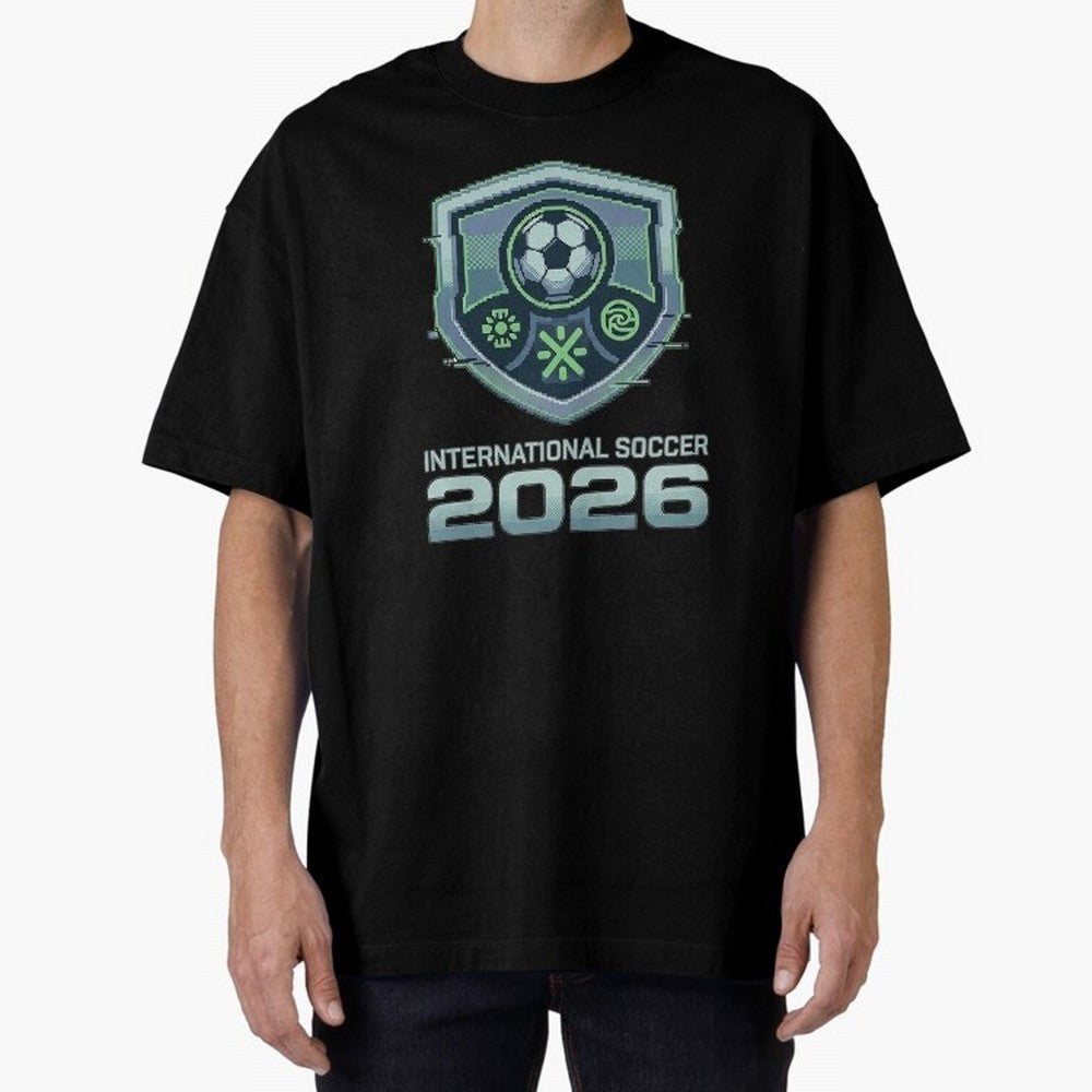 International Soccer 2026 Retro Pixel Glitch Crest Oversized T-Shirt Celebrate Match Day Hype around FIFA World Cup 2026 Group Stage, Mbappe and Neymar, Portugal, Stadium Chants, National Pride, Trophy Dreams and Unforgettable Football Memories;