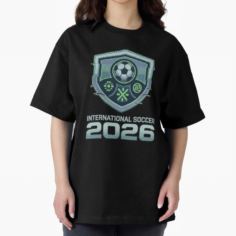 International Soccer 2026 Retro Pixel Glitch Crest Oversized T-Shirt Celebrate Match Day Hype around FIFA World Cup 2026 Group Stage, Mbappe and Neymar, Portugal, Stadium Chants, National Pride, Trophy Dreams and Unforgettable Football Memories;