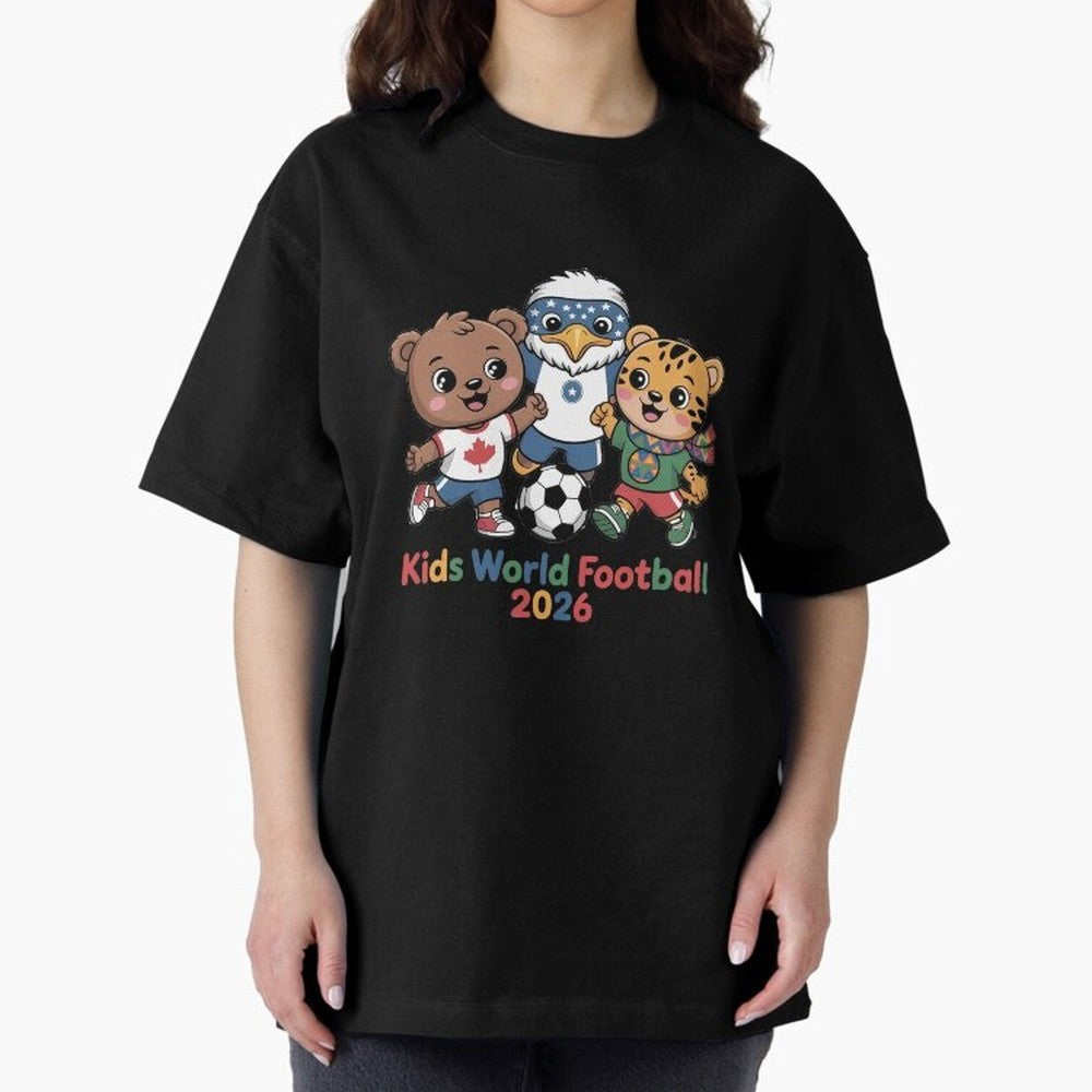 Kids World Football Friends 2026 ¨C Cute Cartoon Soccer Characters for Children Oversized T-Shirt Celebrate Soccer Greatness during FIFA World Cup 2026 USA Canada Mexico for Fans of Messi, CR7 and Mbappe and Spain and Netherlands, Bringing Retro